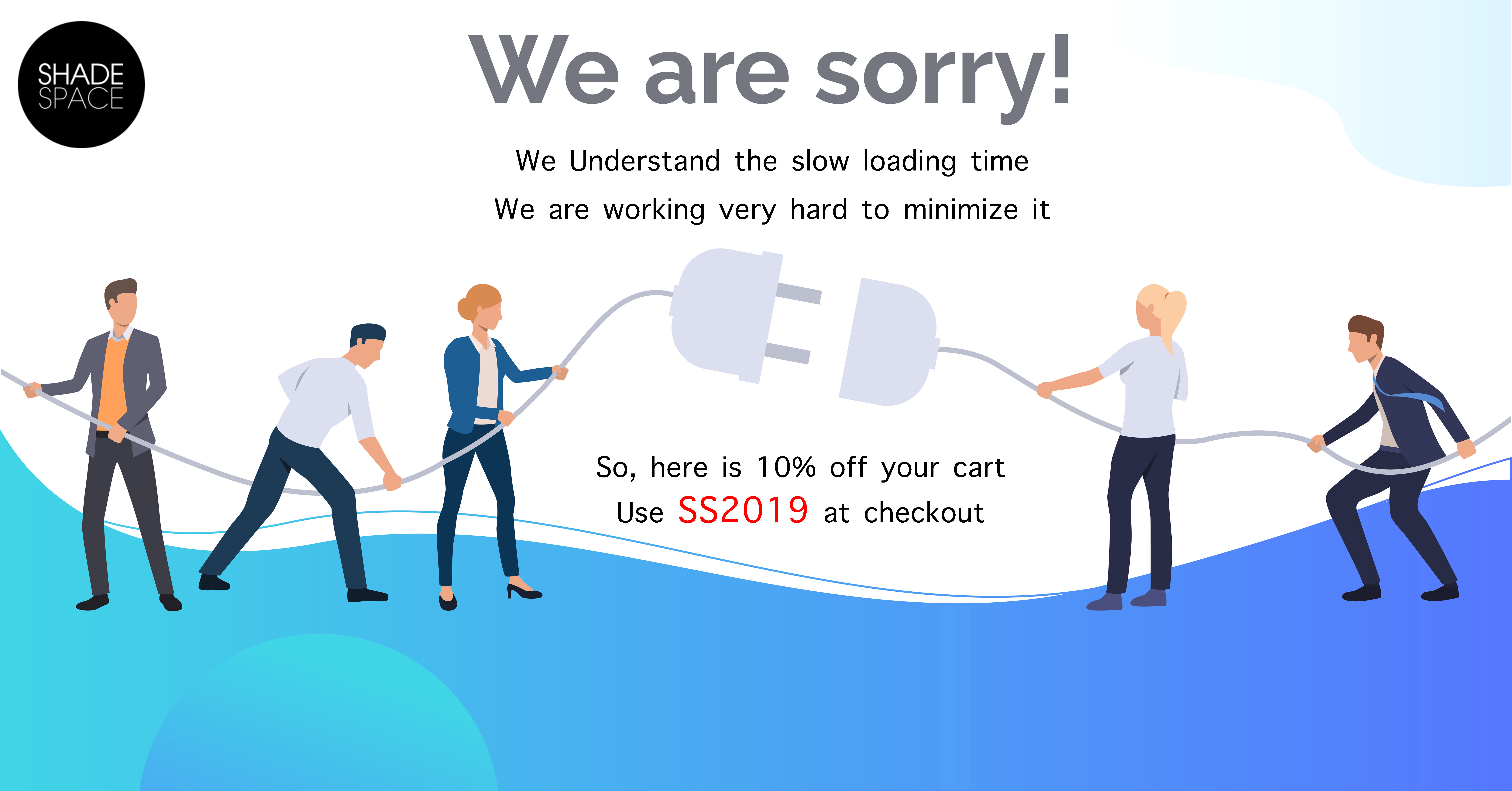 We are sorry blue slide presentation. People holding electric socket. Vector illustration can be used for topics like  computer, connection, modern technology system, web site